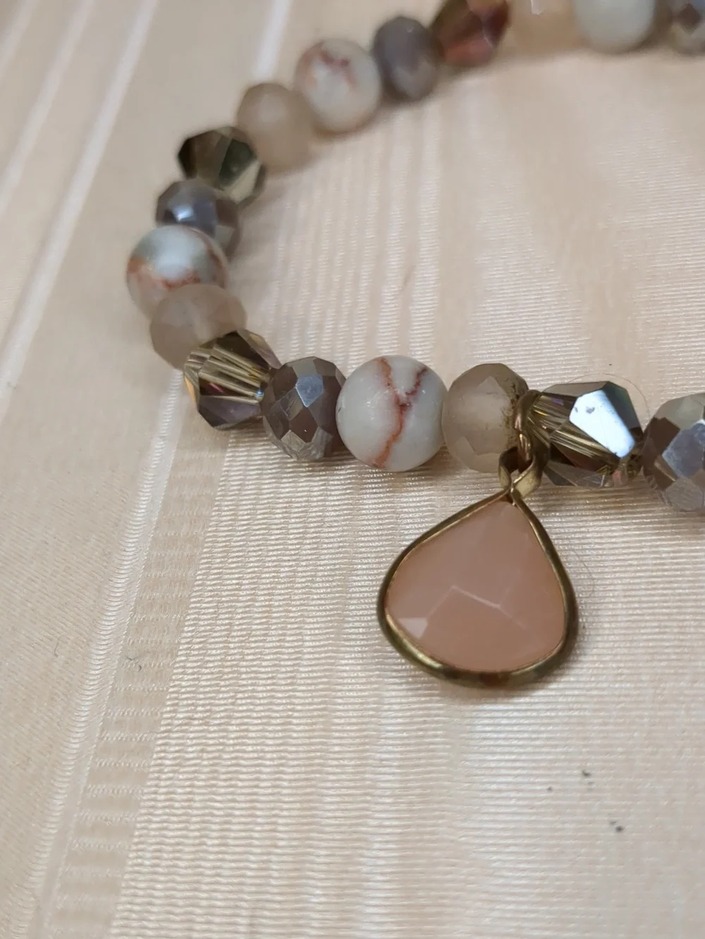 Boho Natural Stone Bracelet W/ Dangle Charm Peach Silver Grey Neutrals Stretchy